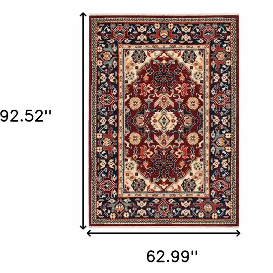 Red Blue Orange And Beige Oriental Power Loom Stain Resistant Area Rug With Fringe Photo 3