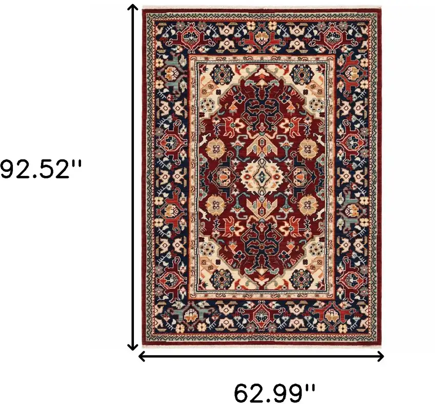 Red Blue Orange And Beige Oriental Power Loom Stain Resistant Area Rug With Fringe Photo 3