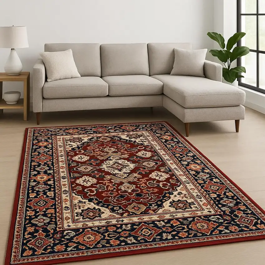 6' X 9' Red Blue Orange And Beige Oriental Power Loom Stain Resistant Area Rug With Fringe Photo 1