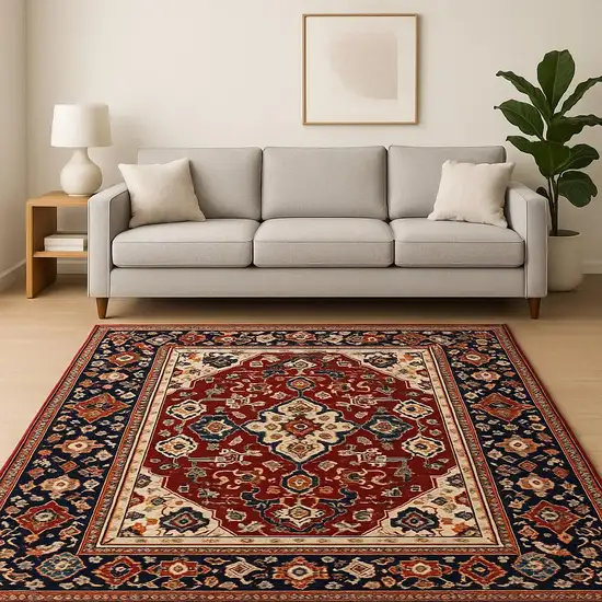 Red Blue Orange And Beige Oriental Power Loom Stain Resistant Area Rug With Fringe Photo 1