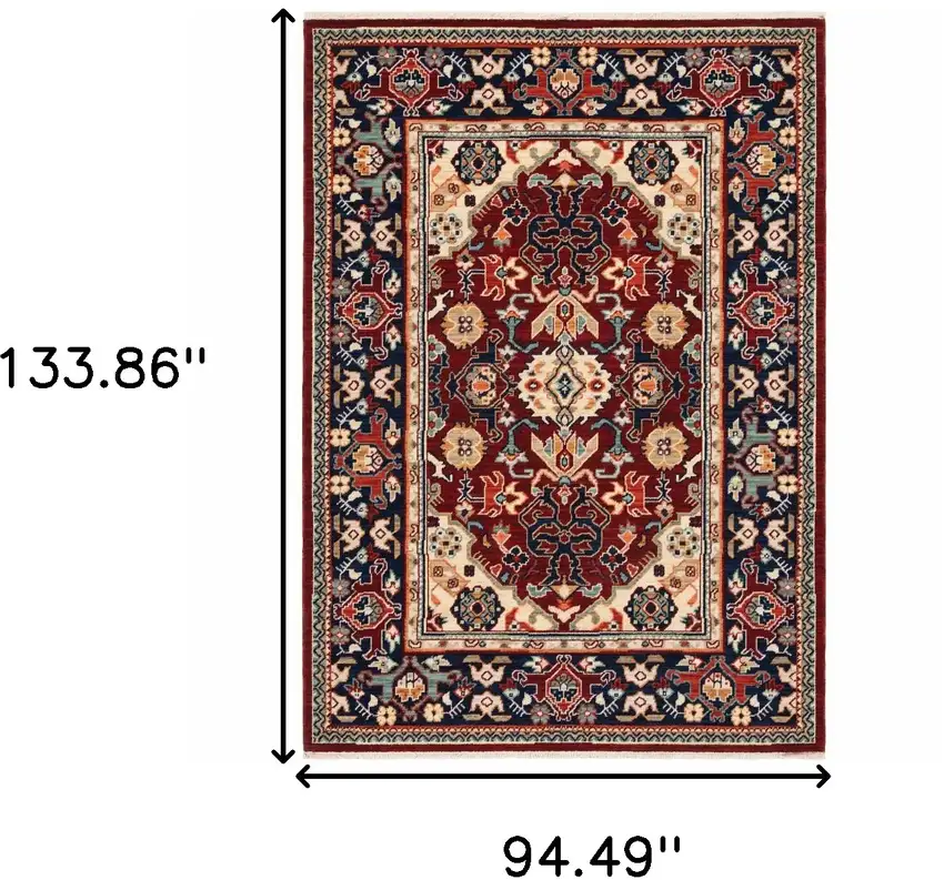Red Blue Orange And Beige Oriental Power Loom Stain Resistant Area Rug With Fringe Photo 3