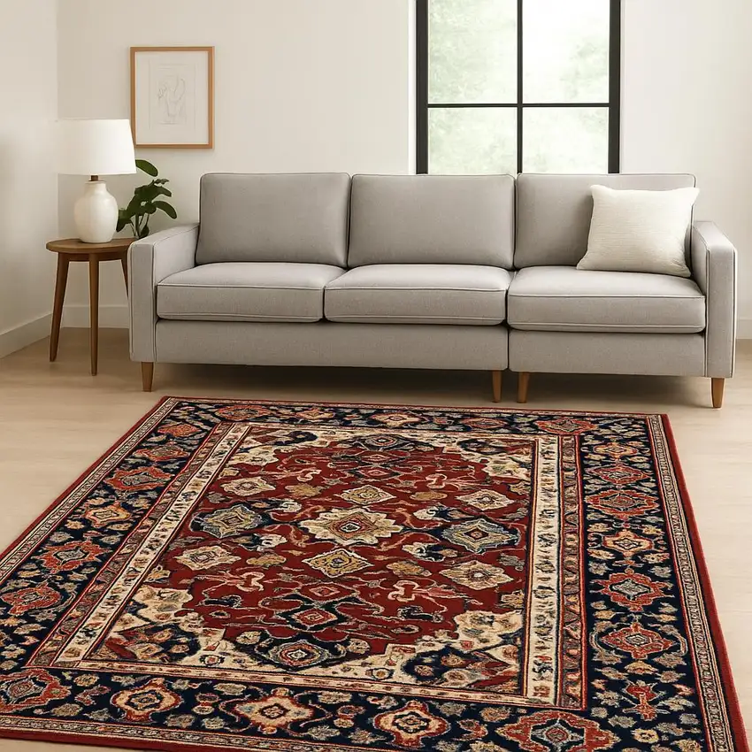 Red Blue Orange And Beige Oriental Power Loom Stain Resistant Area Rug With Fringe Photo 1