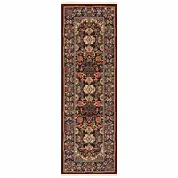 Photo of Red Blue Orange And Beige Oriental Power Loom Stain Resistant Runner Rug With Fringe