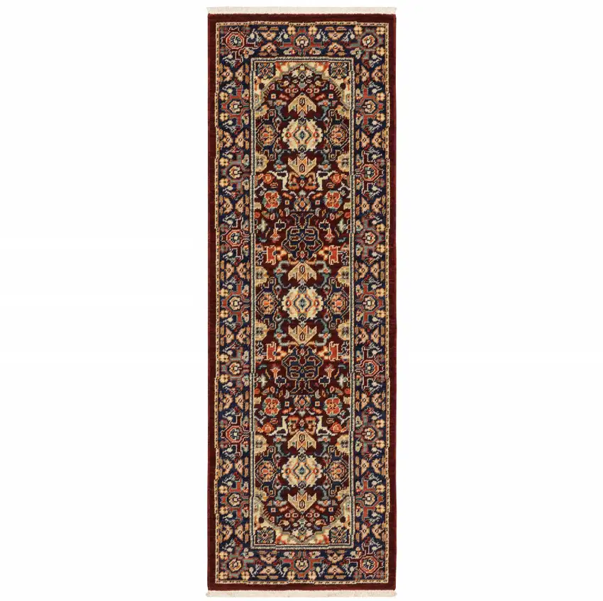 Red Blue Orange And Beige Oriental Power Loom Stain Resistant Runner Rug With Fringe Photo 1