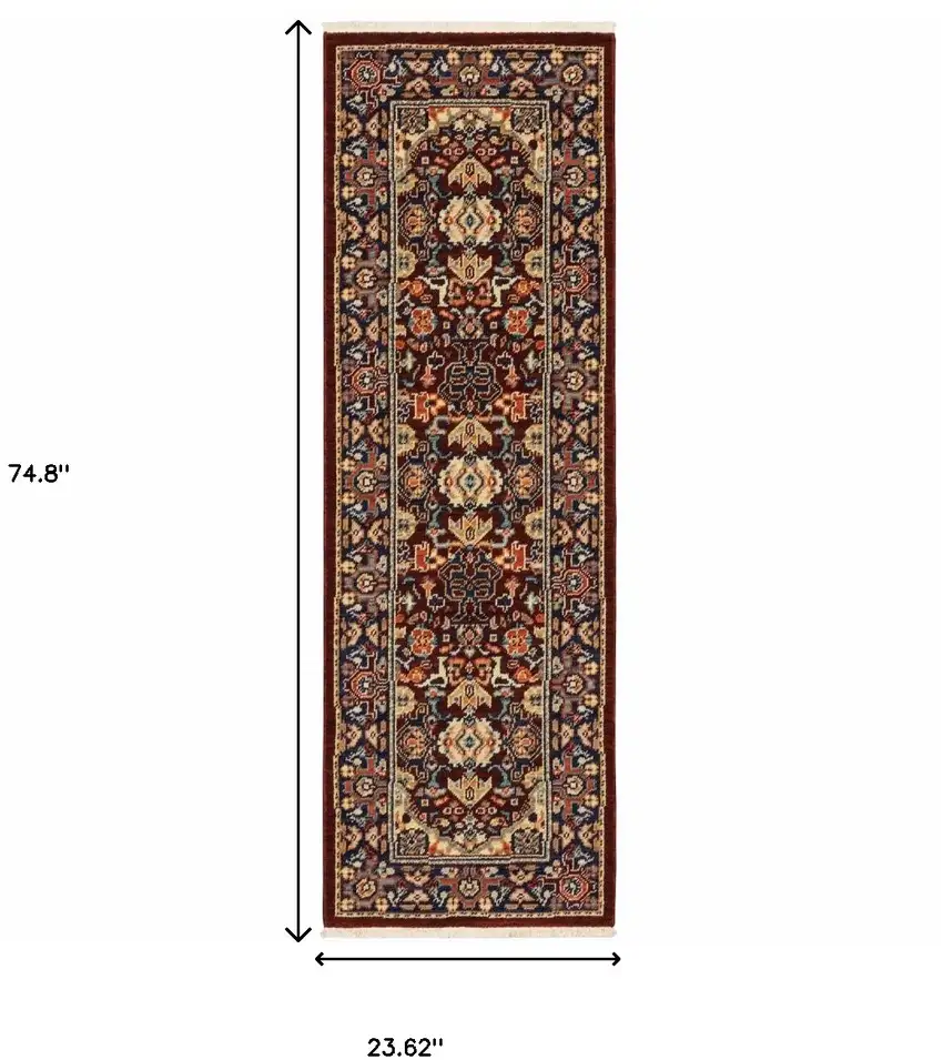 6' Blue and Red Oriental Power Loom Runner Rug Photo 3