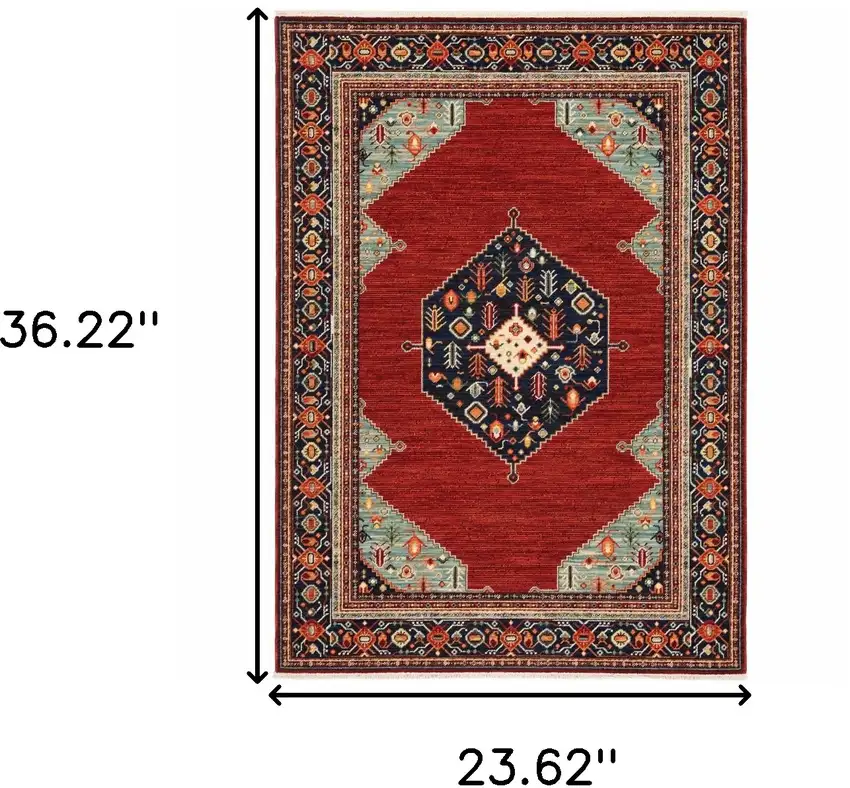 Red Blue Orange And Ivory Oriental Power Loom Stain Resistant Area Rug With Fringe Photo 3