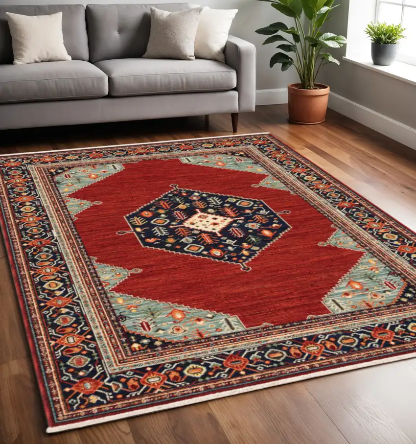 Blue and Red Oriental Power Loom Area Rug With Fringe Photo 1