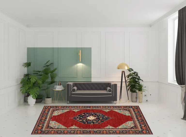 Red Blue Orange And Ivory Oriental Power Loom Stain Resistant Area Rug With Fringe Photo 2