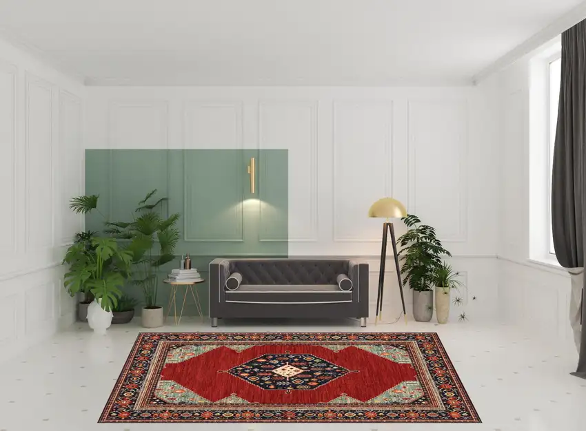 Red Blue Orange And Ivory Oriental Power Loom Stain Resistant Area Rug With Fringe Photo 2