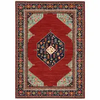 Photo of Red Blue Orange And Ivory Oriental Power Loom Stain Resistant Area Rug With Fringe