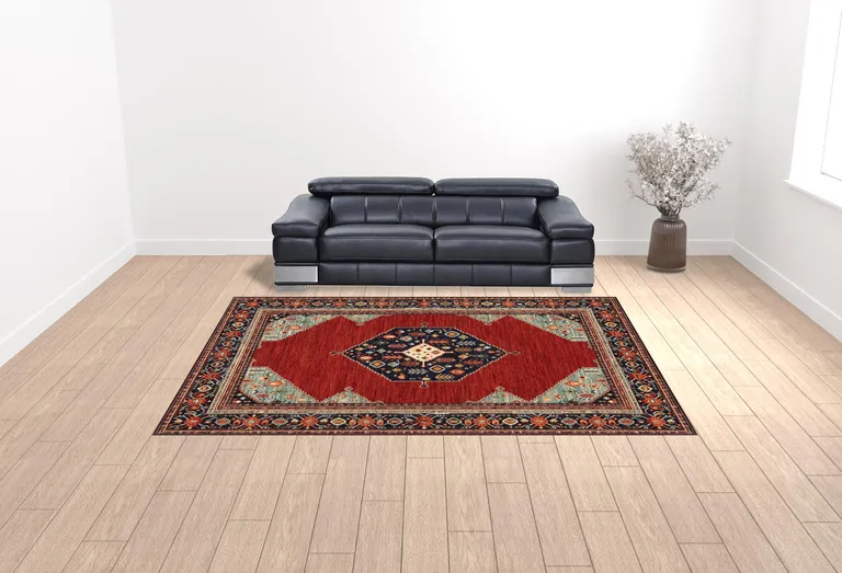 Red Blue Orange And Ivory Oriental Power Loom Stain Resistant Area Rug With Fringe Photo 2