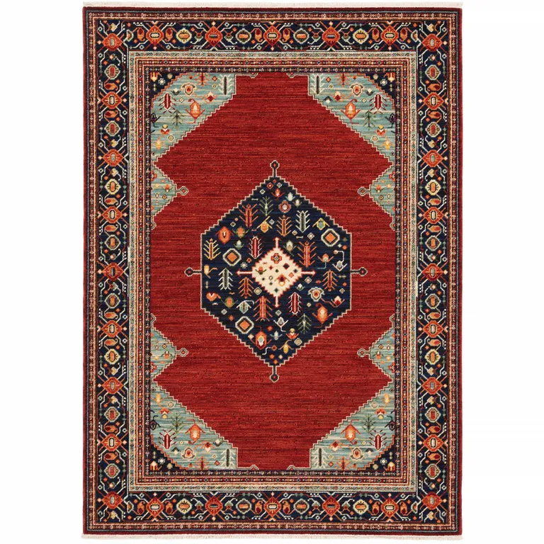 Red Blue Orange And Ivory Oriental Power Loom Stain Resistant Area Rug With Fringe Photo 1