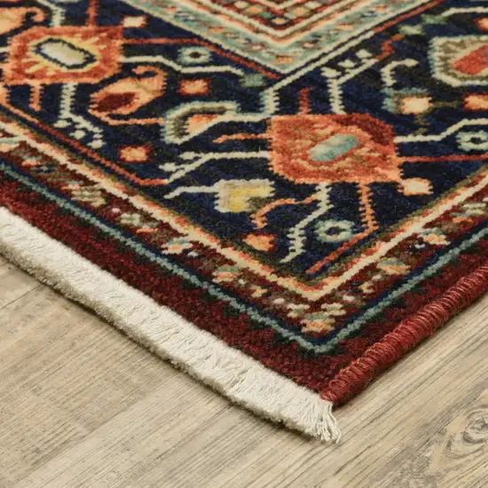 Red Blue Orange And Ivory Oriental Power Loom Stain Resistant Area Rug With Fringe Photo 7