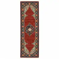 Photo of Red Blue Orange And Ivory Oriental Power Loom Stain Resistant Runner Rug With Fringe