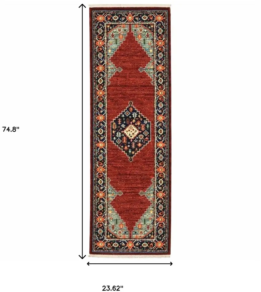6' Blue and Red Medallion Power Loom Runner Rug Photo 3