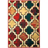 Photo of Red Blue Quatrefoil Power Loom Distressed Stain Resistant Area Rug
