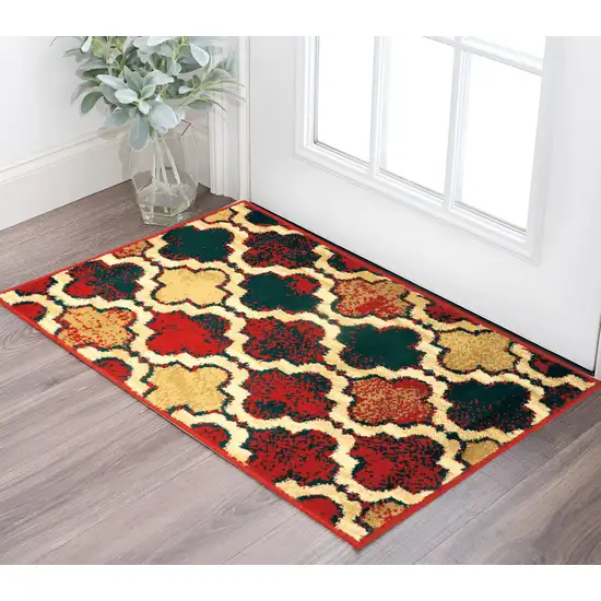 Red Blue Quatrefoil Power Loom Distressed Stain Resistant Area Rug Photo 1
