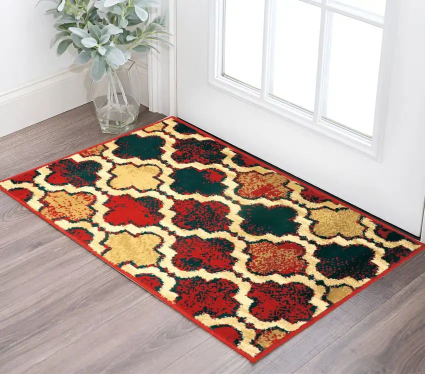 Red Blue Quatrefoil Power Loom Distressed Stain Resistant Area Rug Photo 1