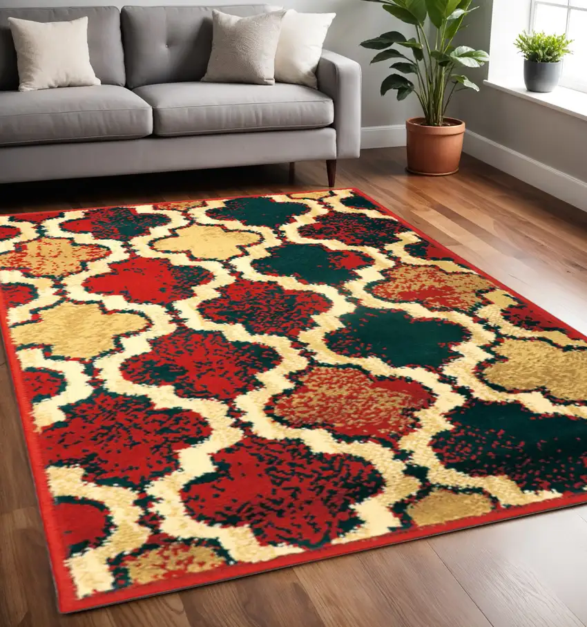 Blue And Red Quatrefoil Distressed Area Rug Photo 1