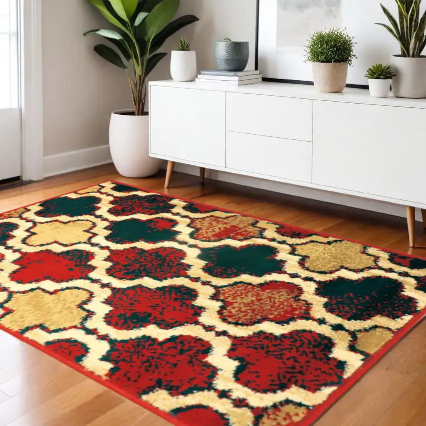 Blue And Red Quatrefoil Distressed Area Rug Photo 1