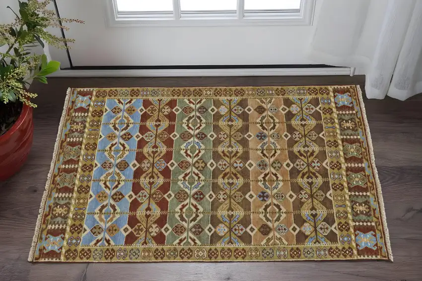 Red Blue and Brown Wool Southwestern Hand Knotted Area Rug Photo 1