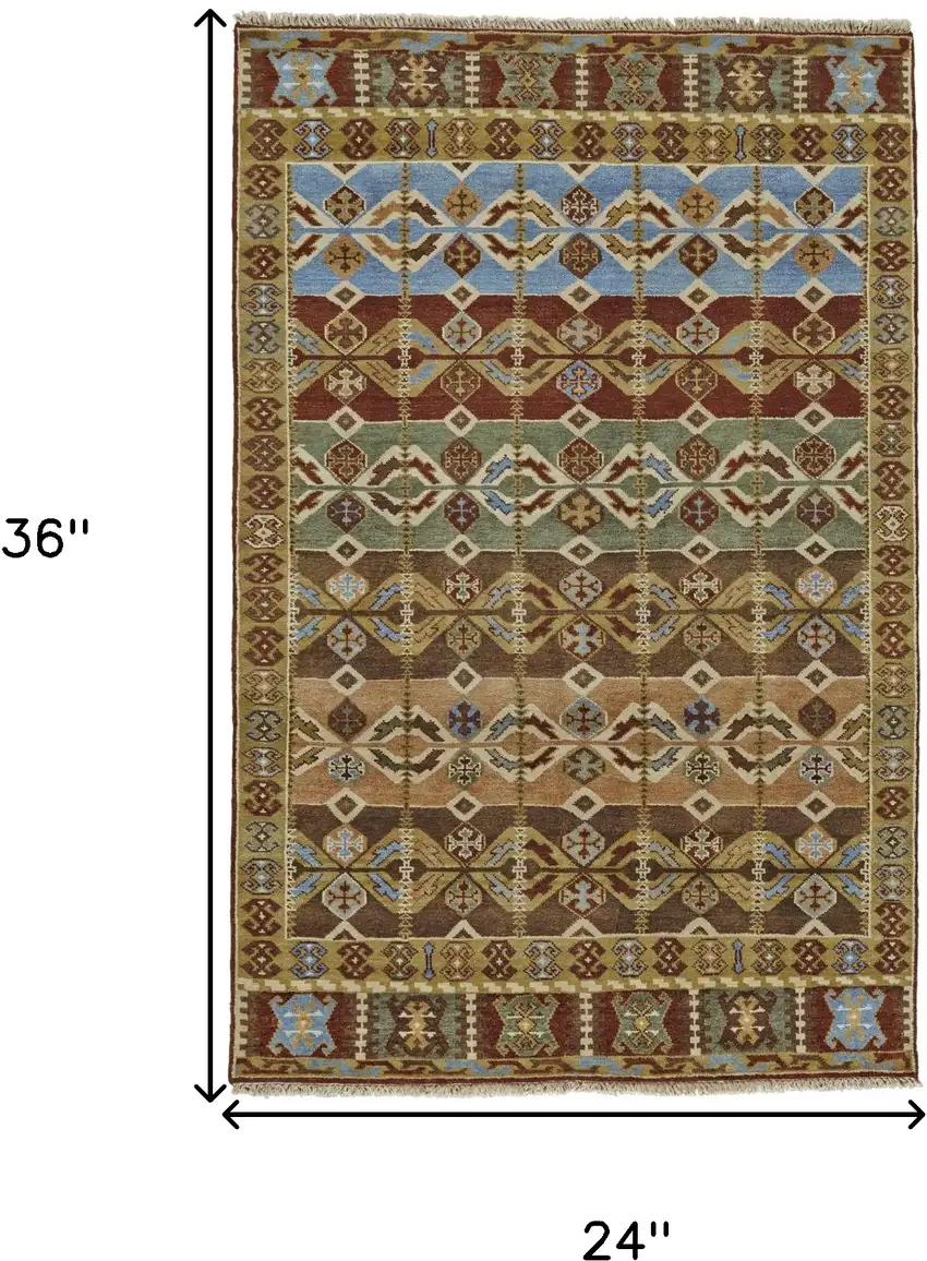 Red Blue and Brown Wool Southwestern Hand Knotted Area Rug Photo 3