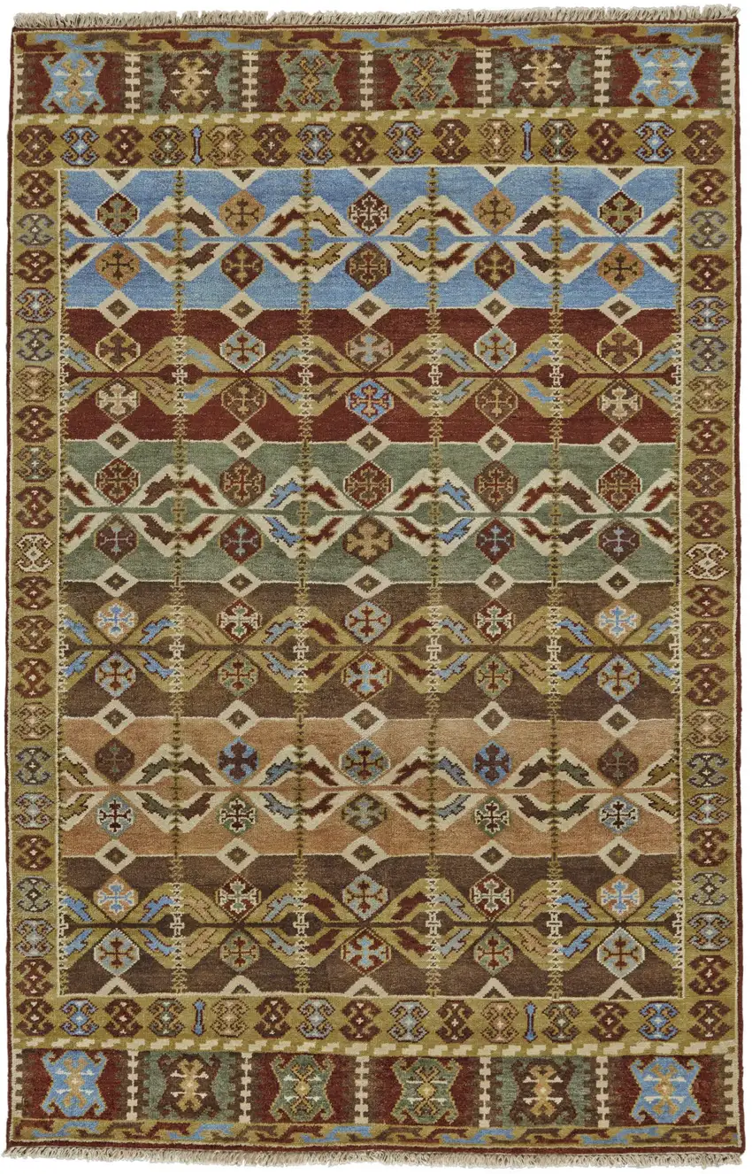 Red Blue and Brown Wool Southwestern Hand Knotted Area Rug Photo 2