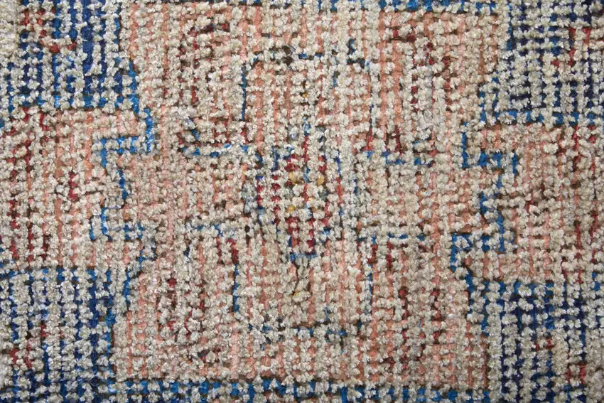Red Blue and Ivory Abstract Hand Woven Distressed Area Rug With Fringe Photo 9