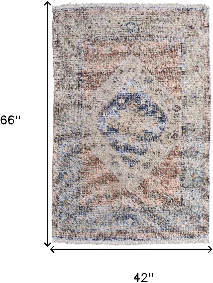 Red Blue and Ivory Abstract Hand Woven Distressed Area Rug With Fringe Photo 3