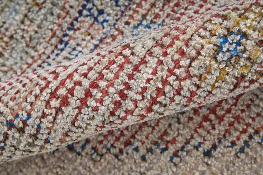 Red Blue and Ivory Abstract Hand Woven Distressed Area Rug With Fringe Photo 8