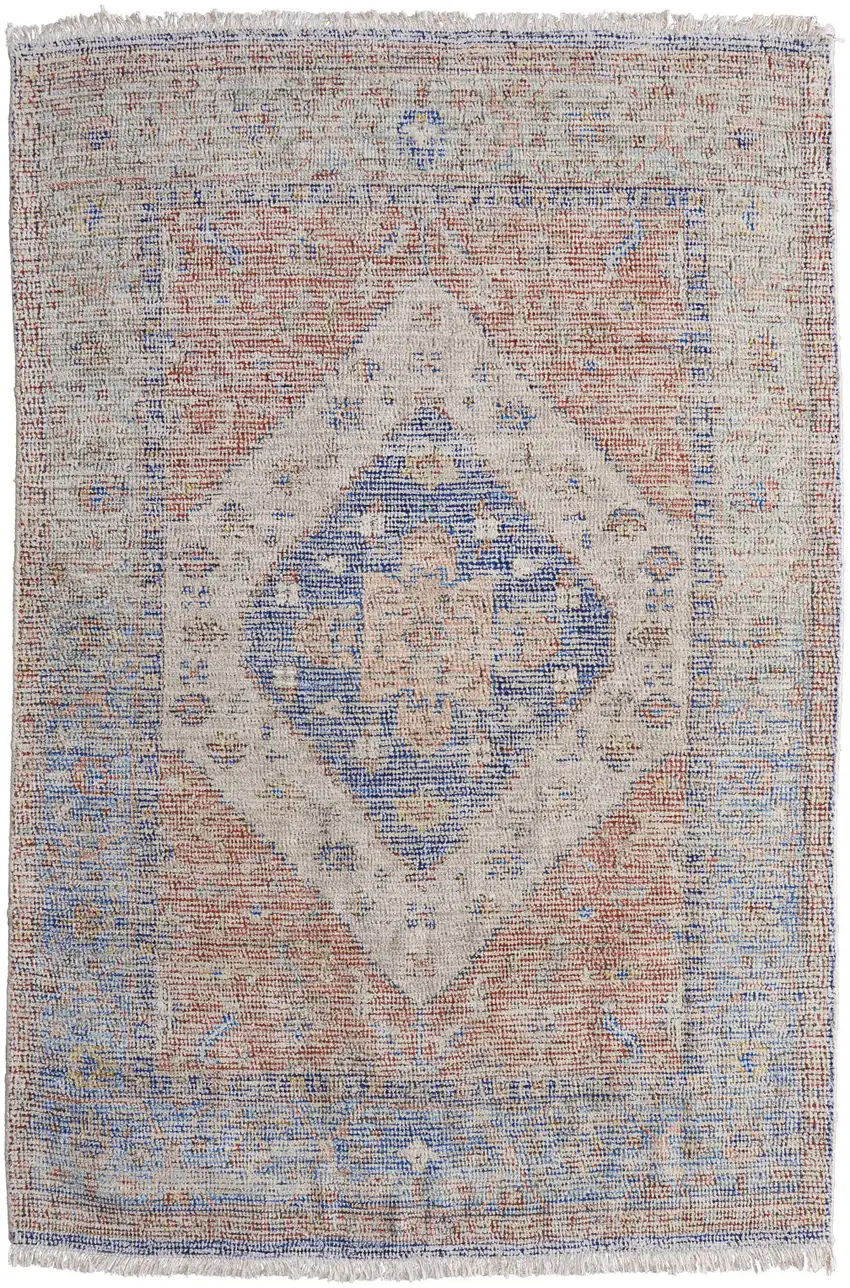 Red Blue and Ivory Abstract Hand Woven Distressed Area Rug With Fringe Photo 4