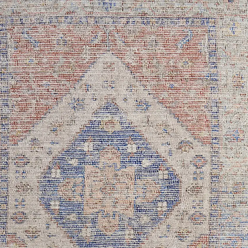 Red Blue and Ivory Abstract Hand Woven Distressed Area Rug With Fringe Photo 9