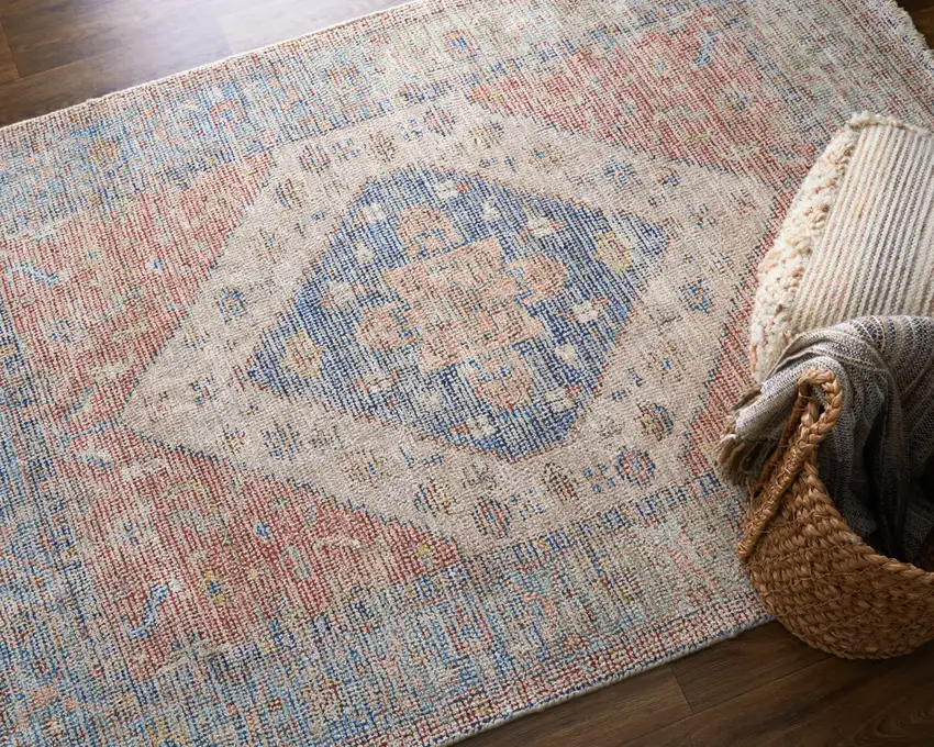 Red Blue and Ivory Abstract Hand Woven Distressed Area Rug With Fringe Photo 6
