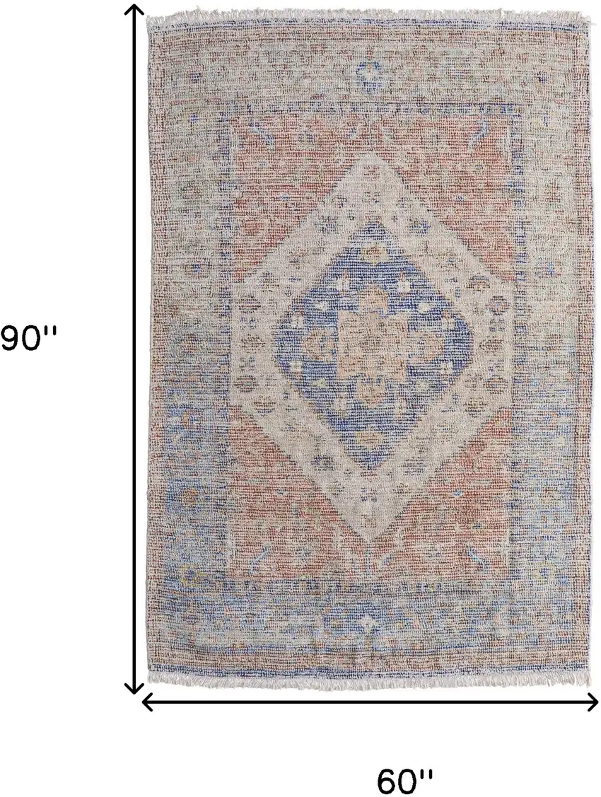 Red Blue and Ivory Abstract Hand Woven Distressed Area Rug With Fringe Photo 3