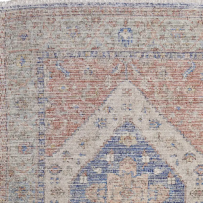 Red Blue and Ivory Abstract Hand Woven Distressed Area Rug With Fringe Photo 8