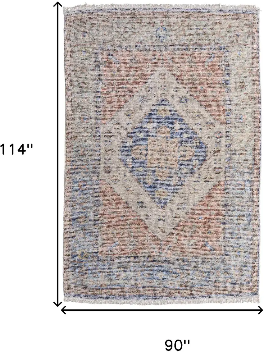 Red Blue and Ivory Abstract Hand Woven Distressed Area Rug With Fringe Photo 3