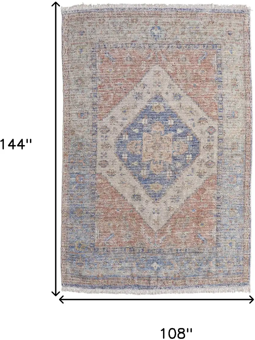Red Blue and Ivory Abstract Hand Woven Distressed Area Rug With Fringe Photo 3
