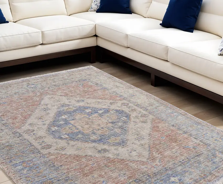 Red Blue and Ivory Abstract Hand Woven Distressed Area Rug With Fringe Photo 1