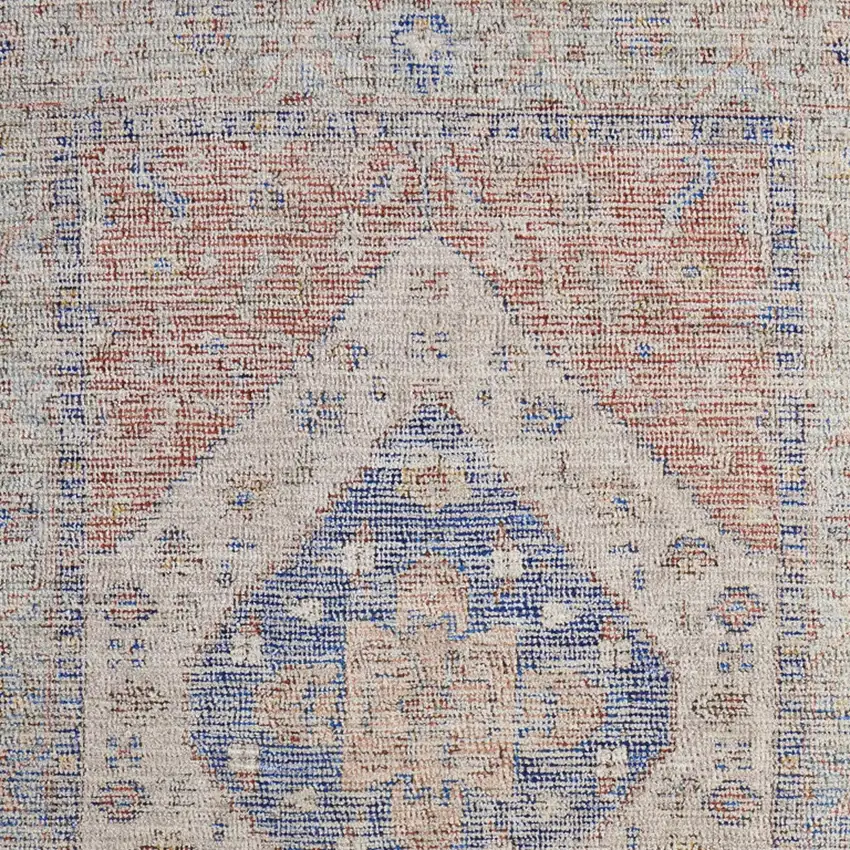 Red Blue and Ivory Abstract Hand Woven Distressed Area Rug With Fringe Photo 8