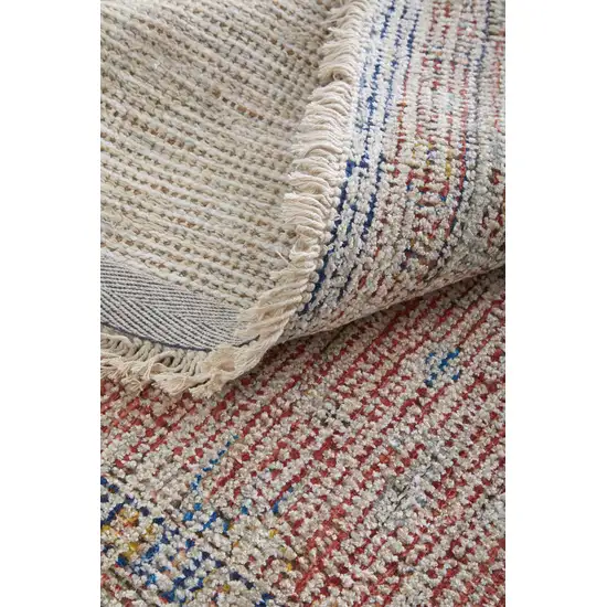 Red Blue and Ivory Abstract Hand Woven Distressed Area Rug With Fringe Photo 9