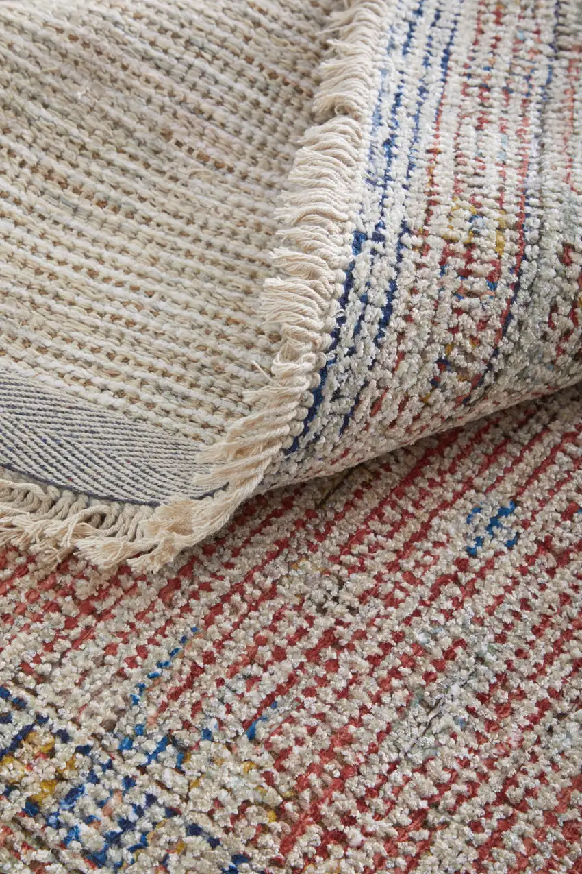 Red Blue and Ivory Abstract Hand Woven Distressed Area Rug With Fringe Photo 9