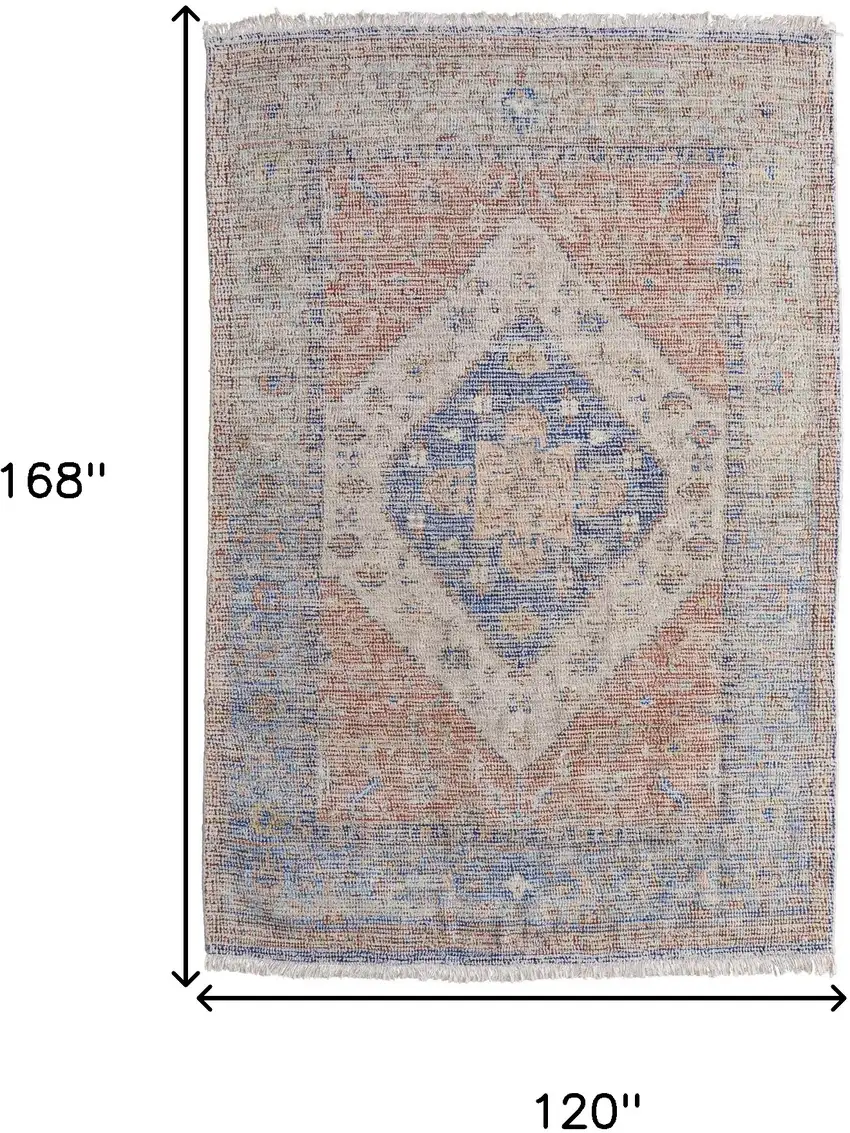 Red Blue and Ivory Abstract Hand Woven Distressed Area Rug With Fringe Photo 3
