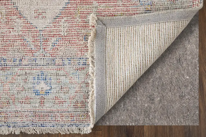 Red Blue and Ivory Abstract Hand Woven Distressed Area Rug With Fringe Photo 9