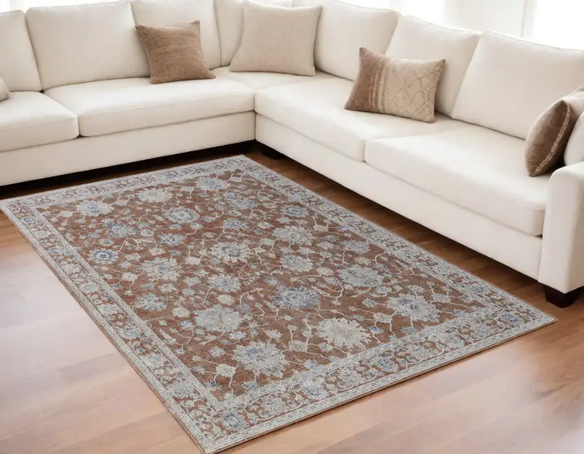 Red Blue and Ivory Floral Power Loom Worn Faded Area Rug With Fringe Photo 1