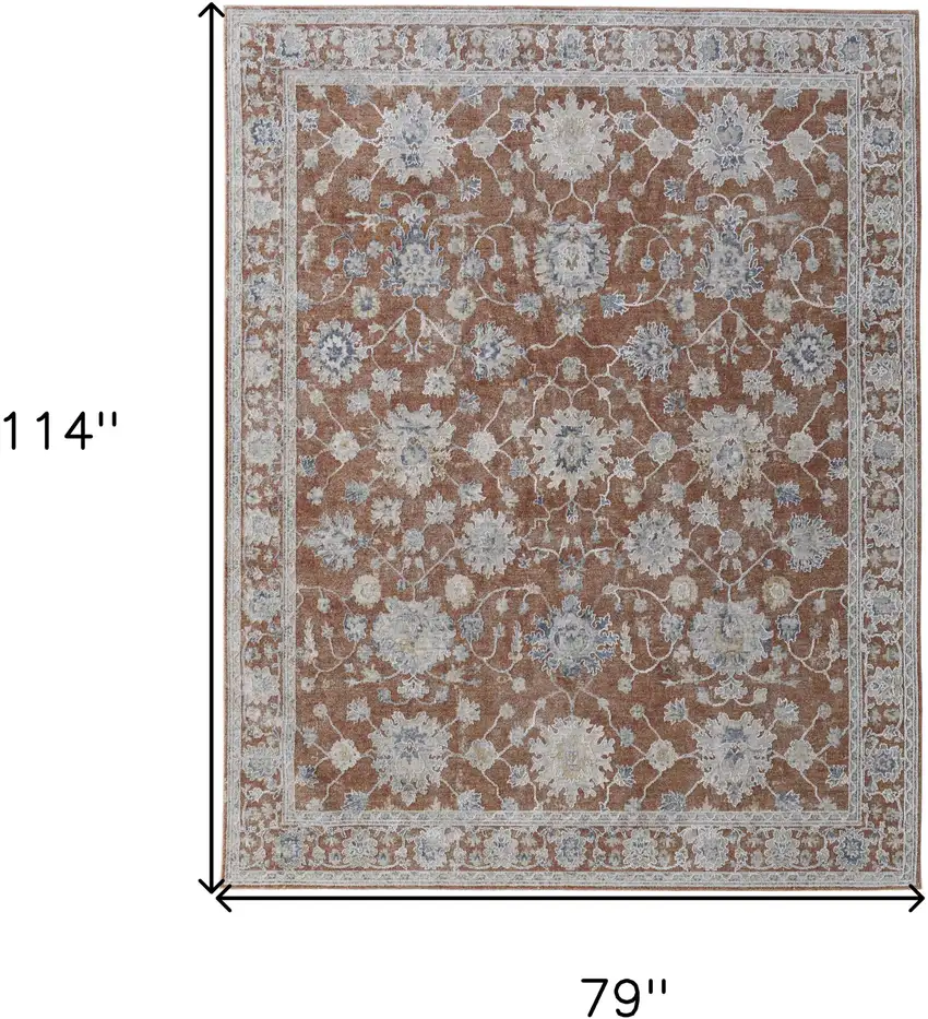 Red Blue and Ivory Floral Power Loom Worn Faded Area Rug With Fringe Photo 3
