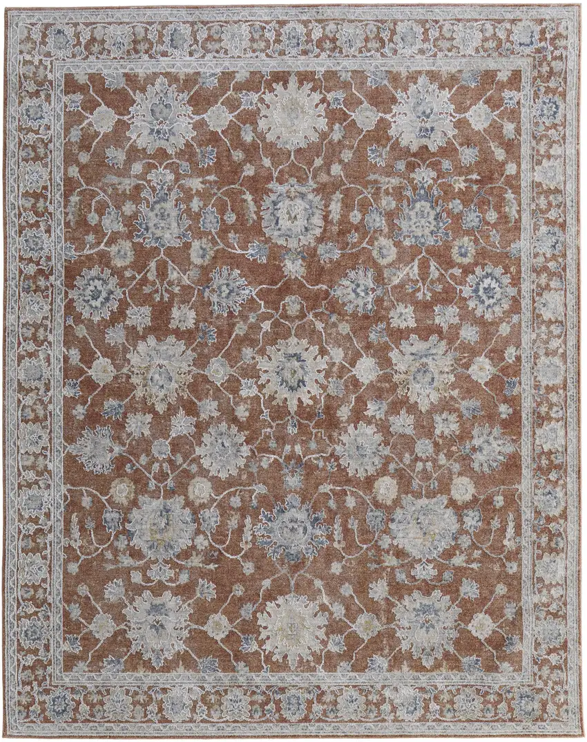 Red Blue and Ivory Floral Power Loom Worn Faded Area Rug With Fringe Photo 5