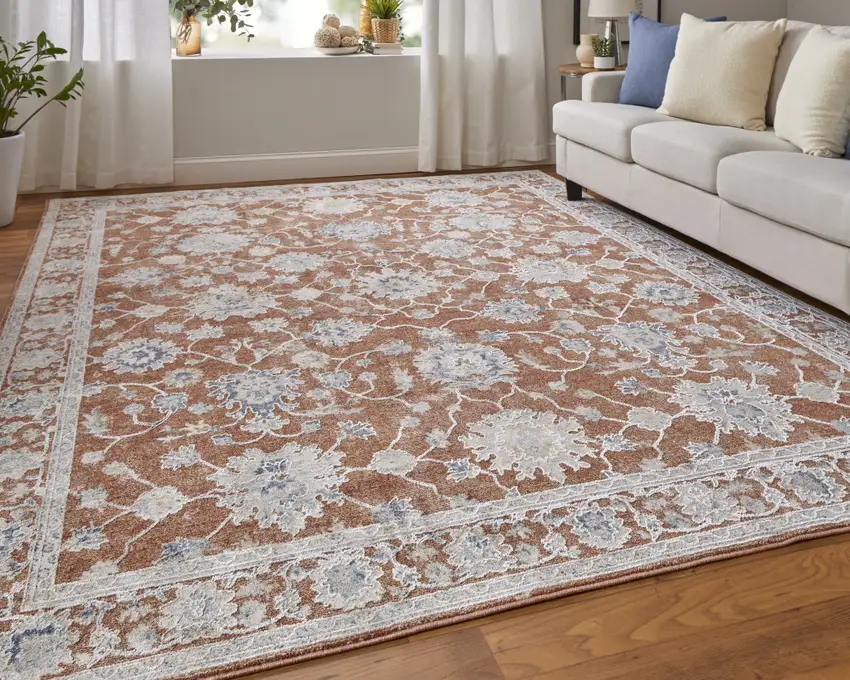 Red Blue and Ivory Floral Power Loom Worn Faded Area Rug With Fringe Photo 9
