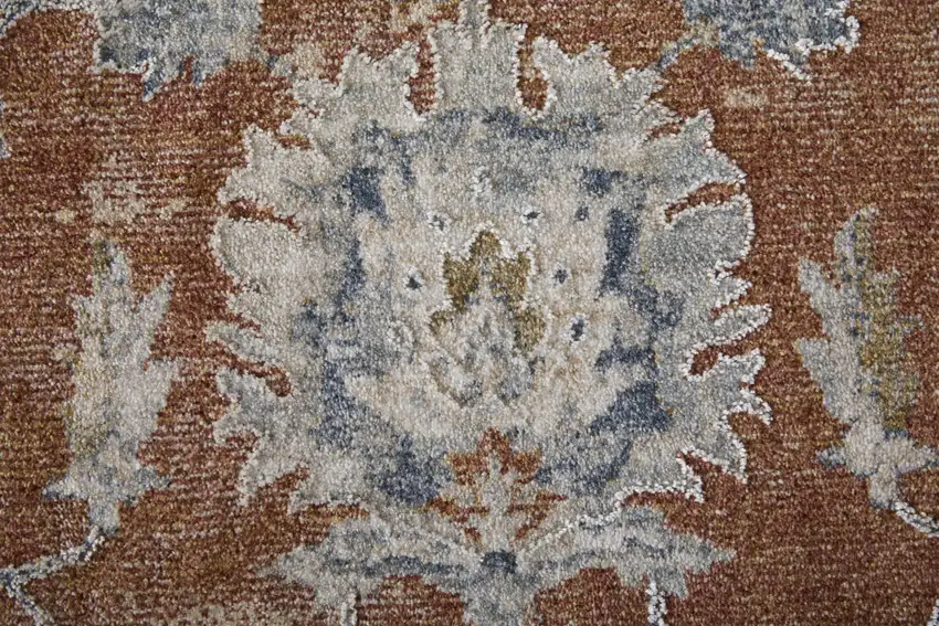 Red Blue and Ivory Floral Power Loom Worn Faded Area Rug With Fringe Photo 4