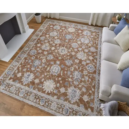 Red Blue and Ivory Floral Power Loom Worn Faded Area Rug With Fringe Photo 9