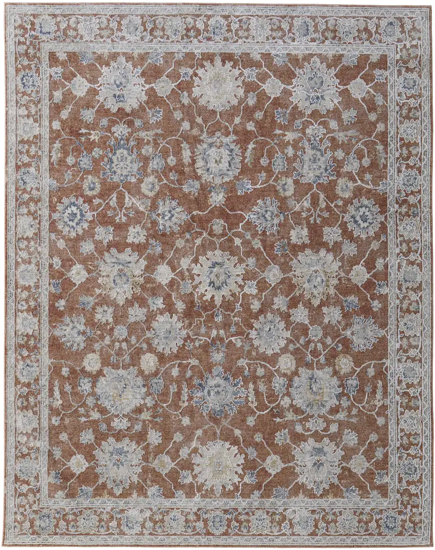 Red Blue and Ivory Floral Power Loom Worn Faded Area Rug With Fringe Photo 2